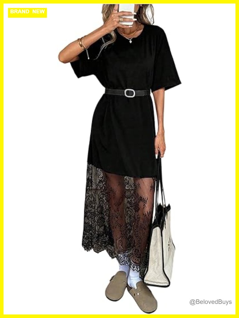 Boho Lace Maxi Dress Short Sleeve Crew Neck T Shirt Dress Party Summer Wedding